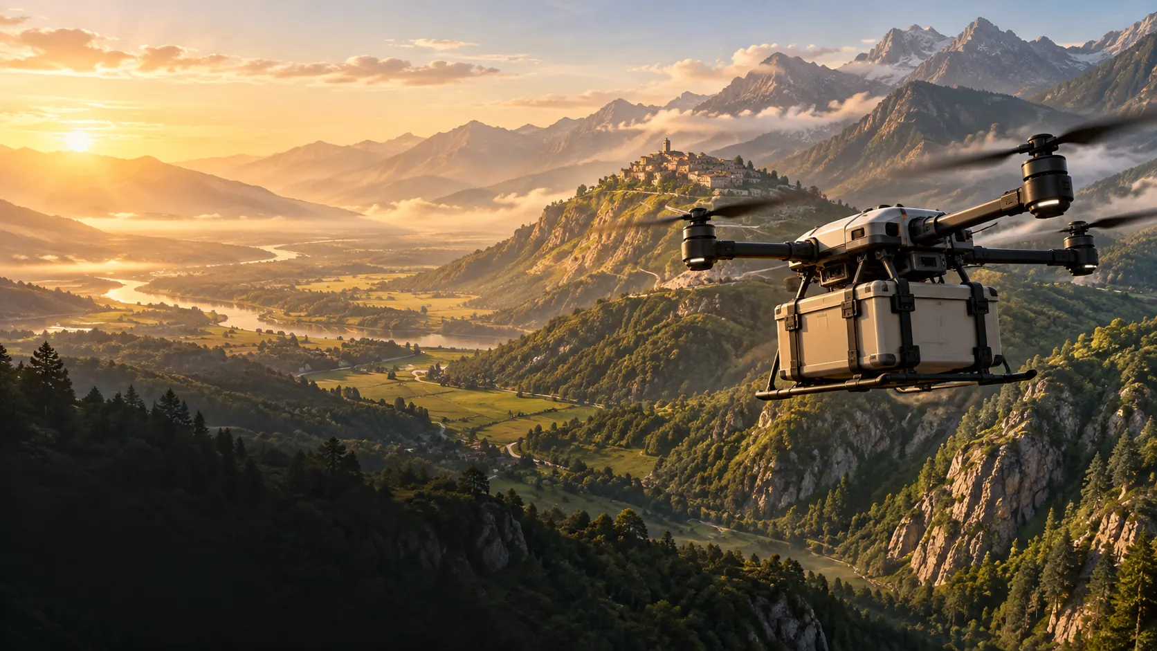 Concept cargo drone carrying a parcel toward a mountain settlement.