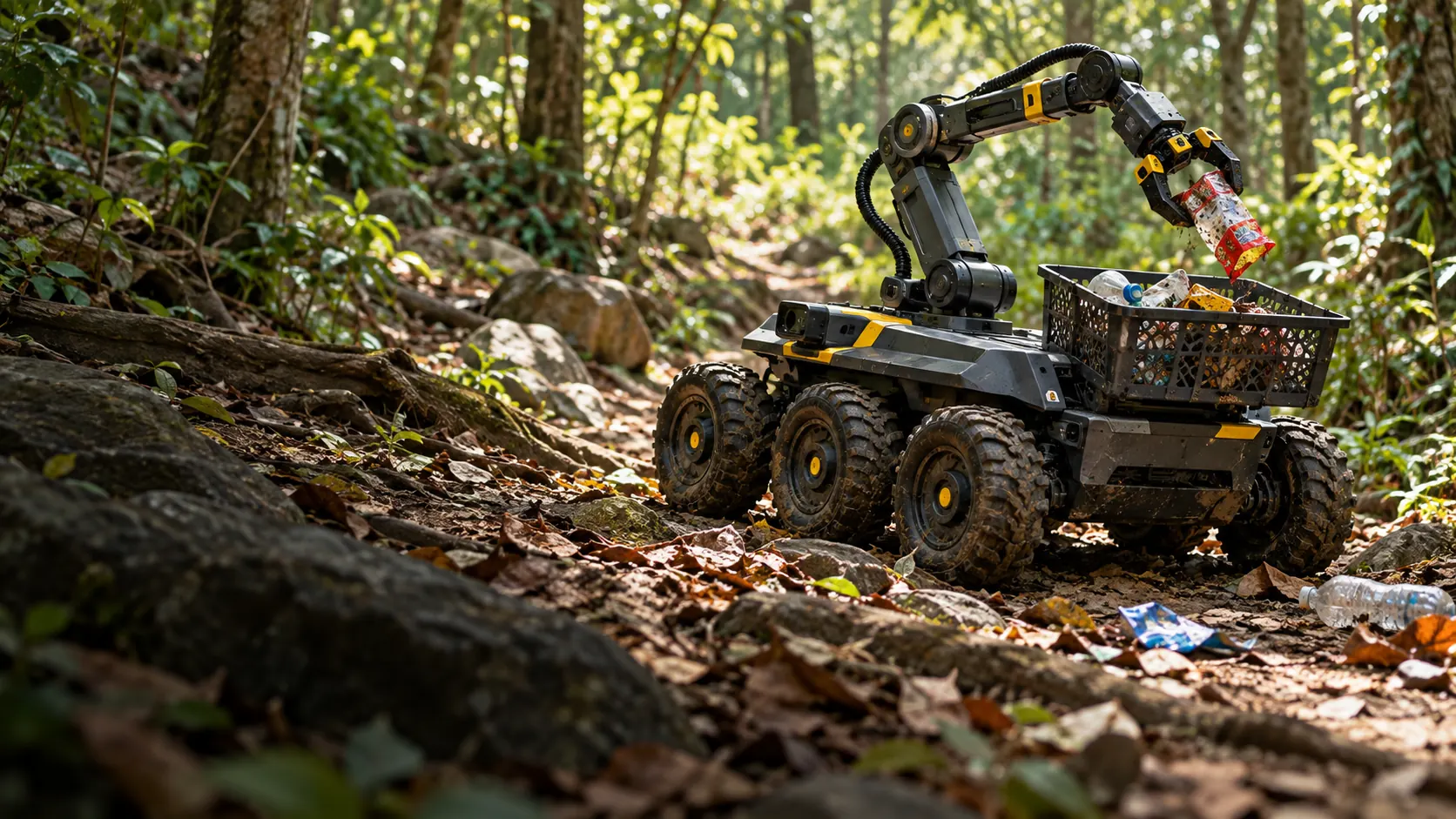 Concept cleanup robot collecting plastic from a forest trail.