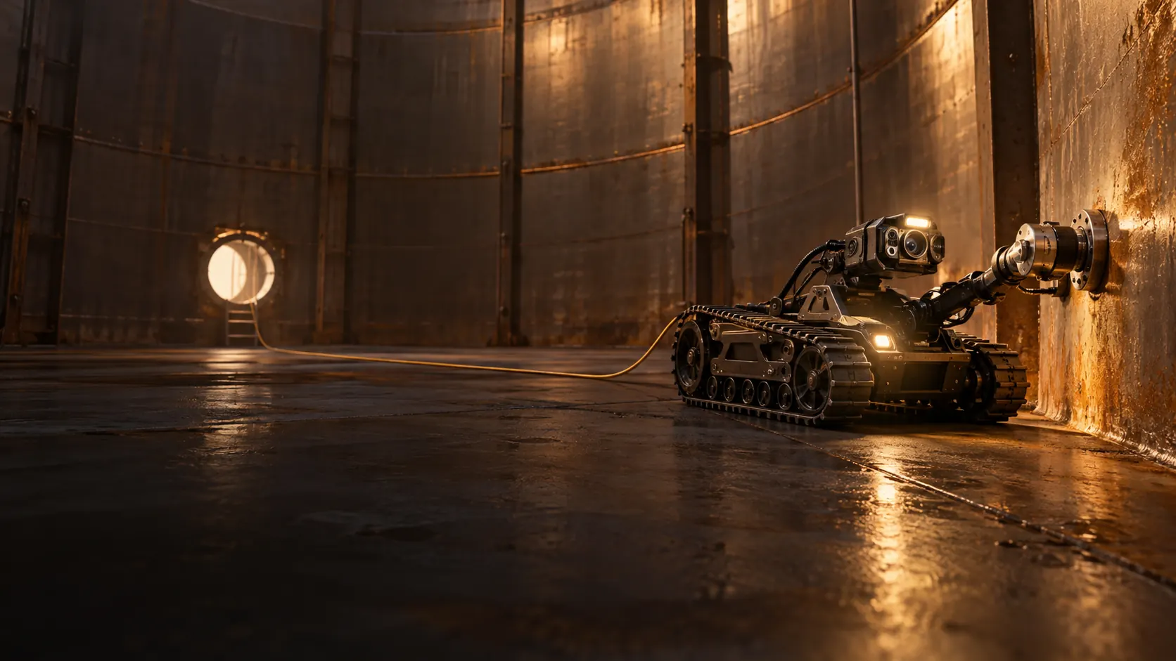 Concept inspection crawler inside an empty industrial storage tank.