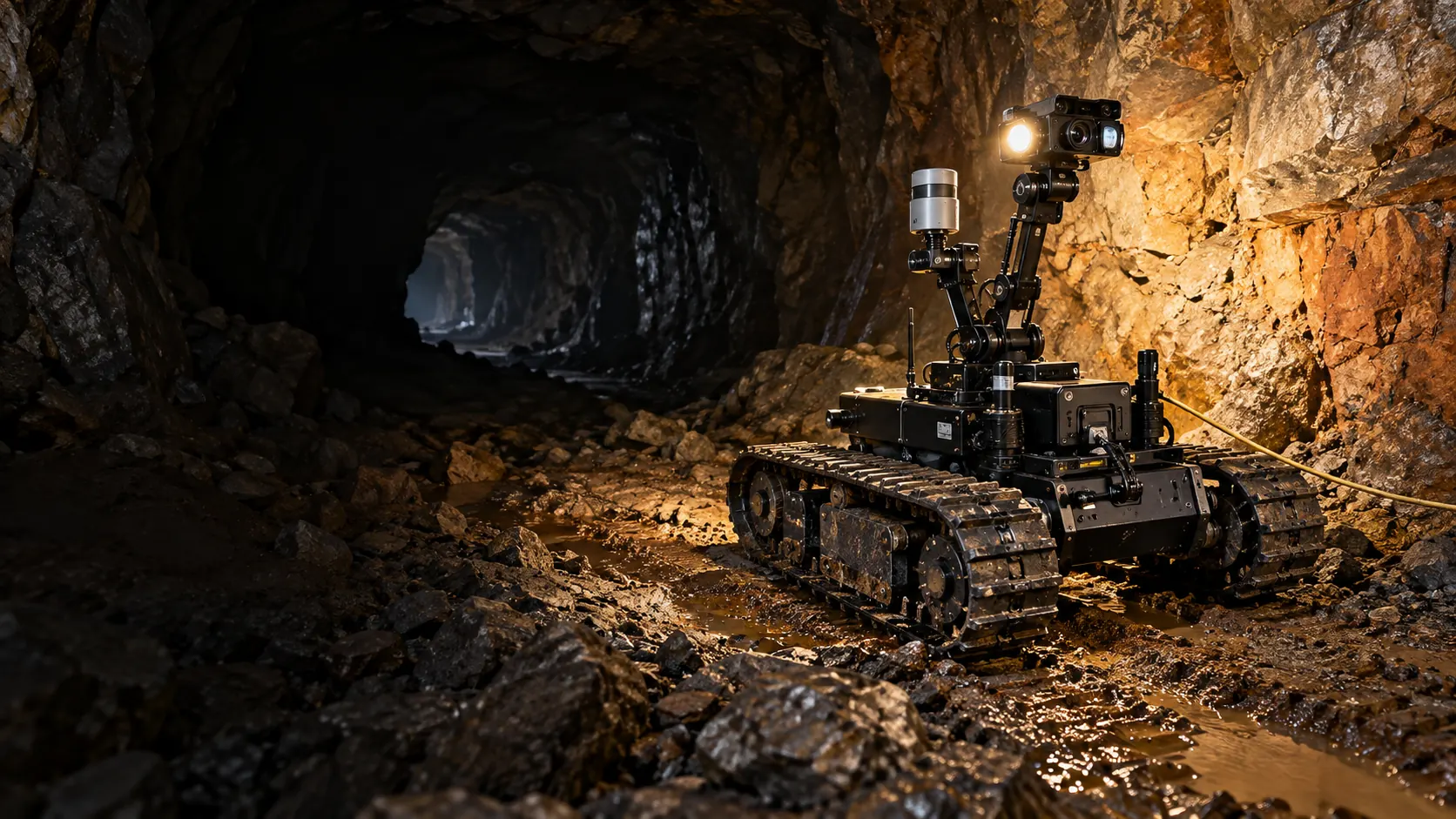 Concept reconnaissance robot exploring a rough underground mine passage.
