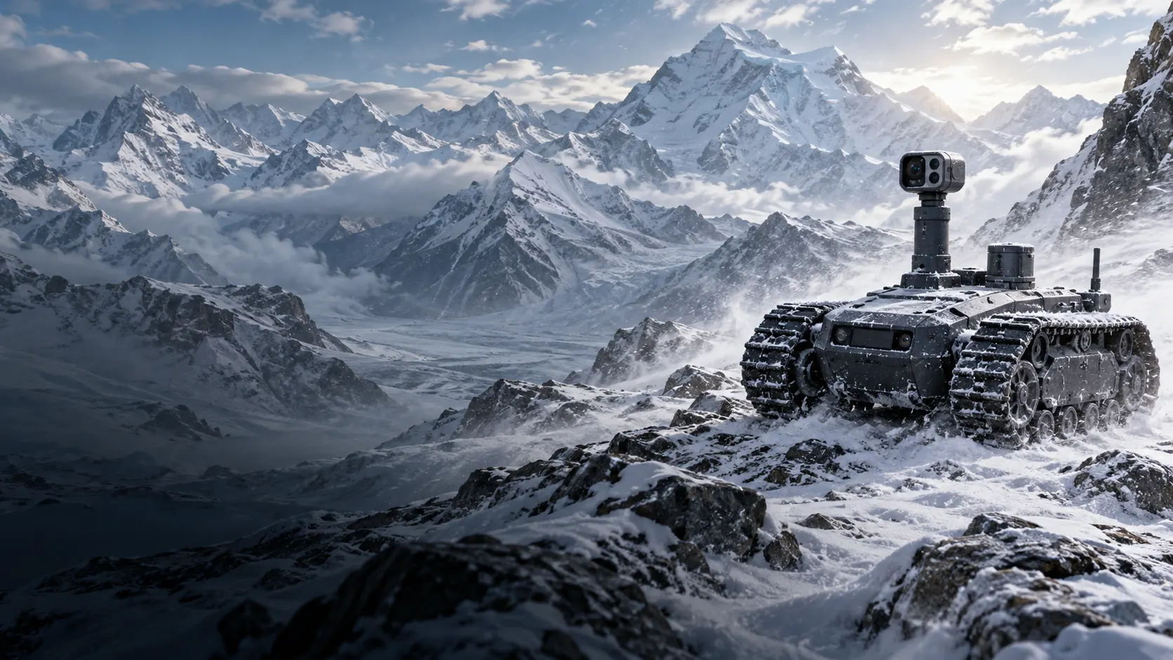 Concept tracked observation robot in a snowy mountain pass.