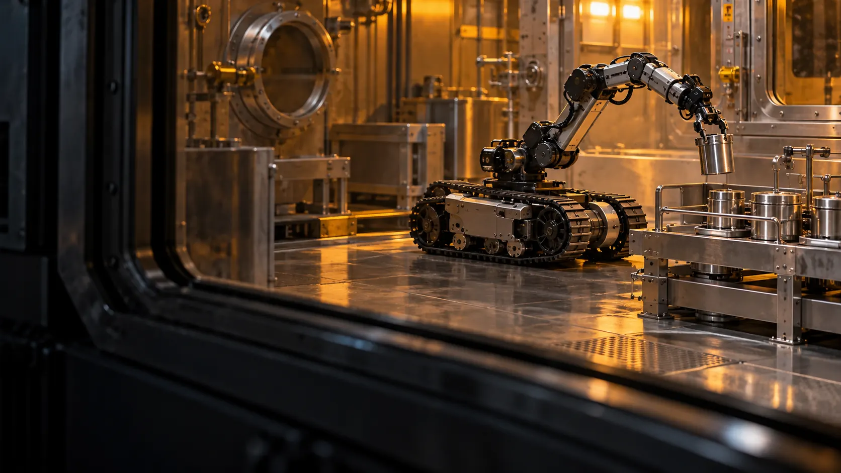 Concept remotely operated robot inside a sealed nuclear decommissioning cell.