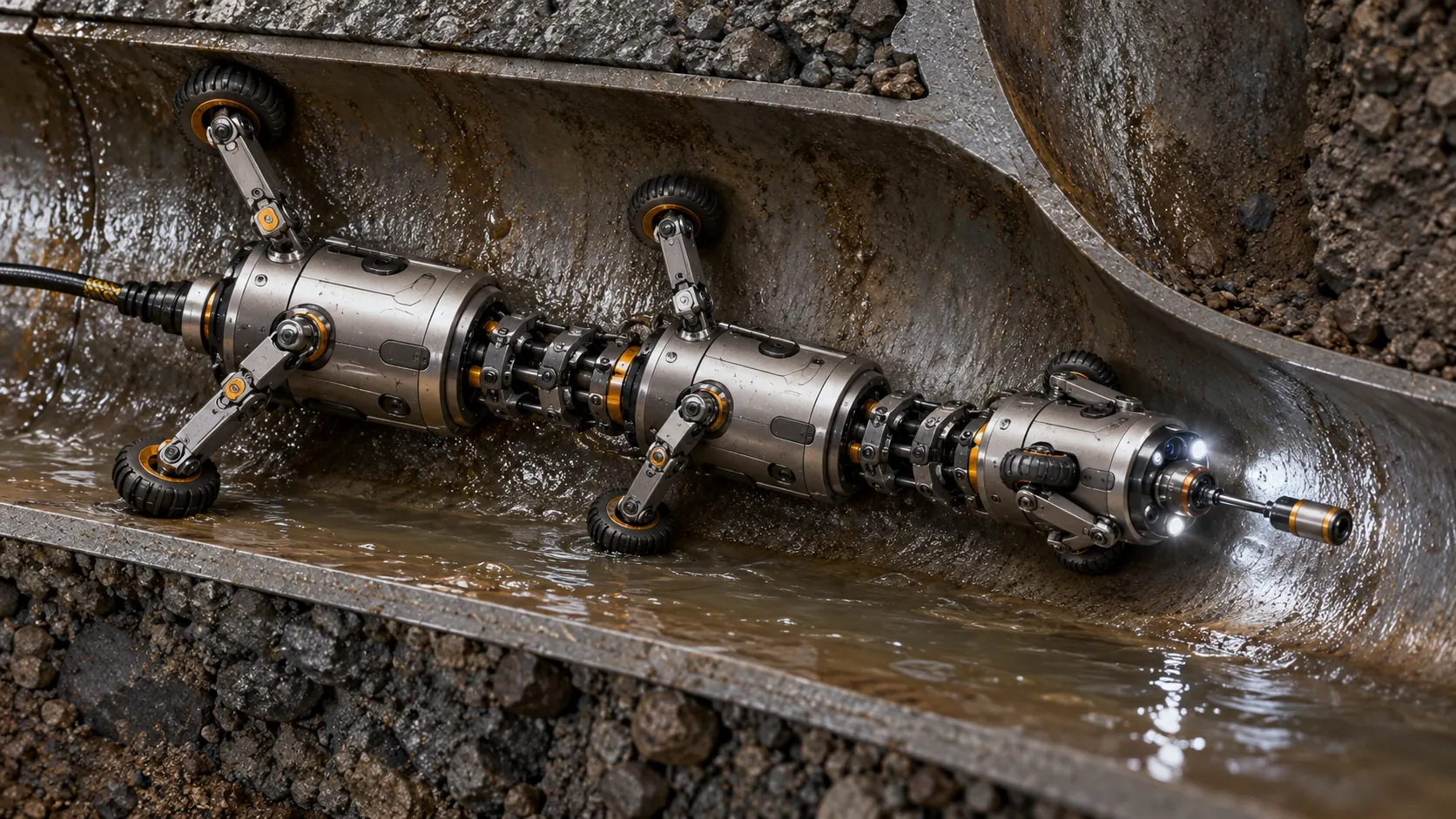 Cutaway concept of an articulated robot inside a narrowing pipe.