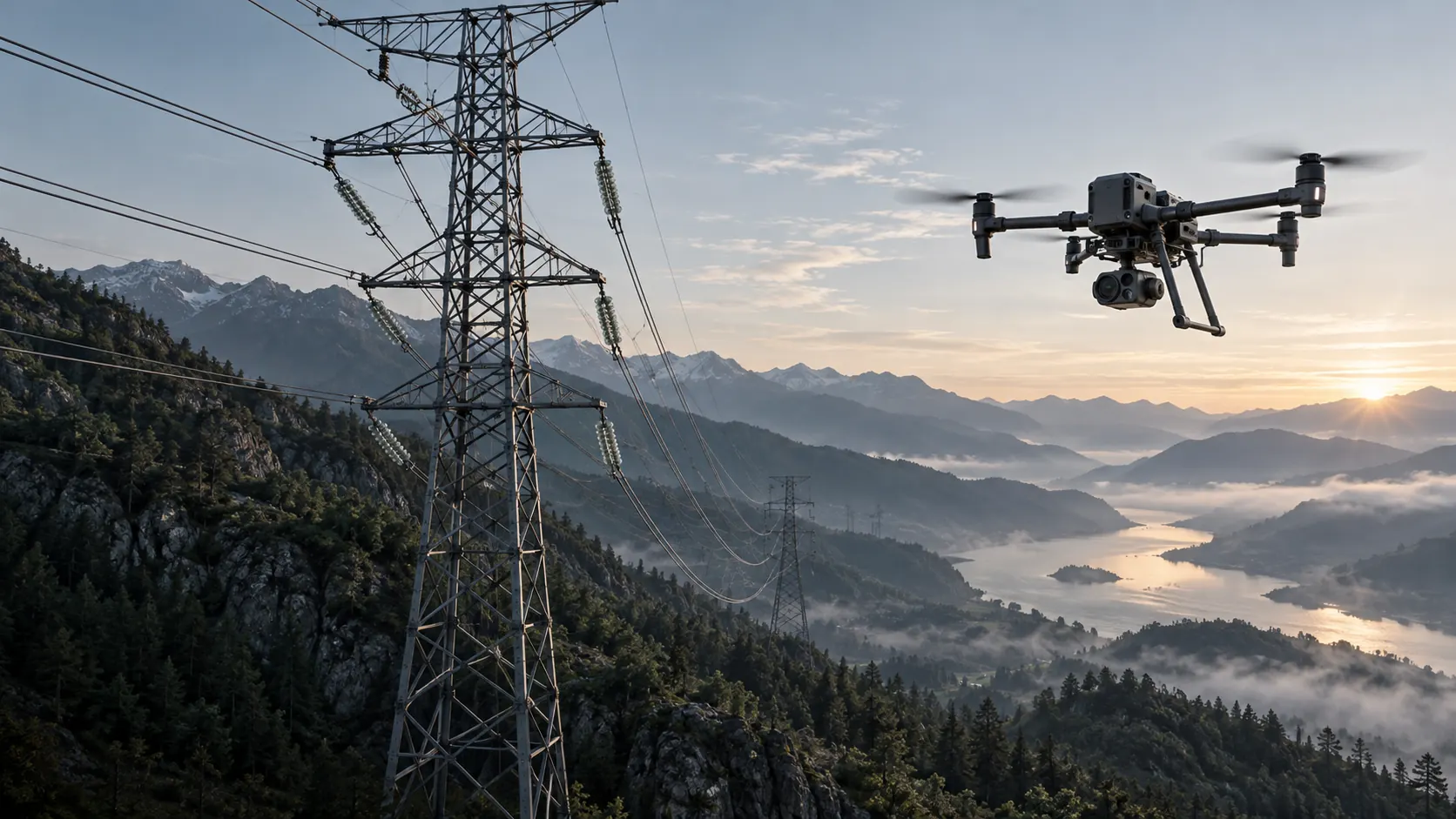 Concept inspection drone beside remote power transmission lines.