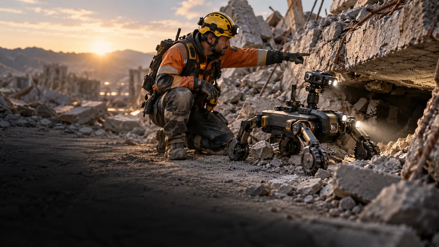 A rescuer points toward a rubble opening beside a wheeled inspection robot.
