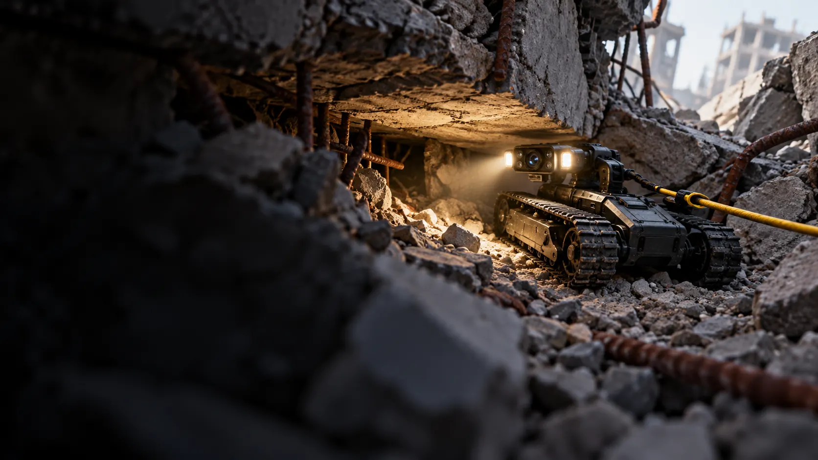 Concept search-and-rescue robot exploring a confined opening in disaster rubble.