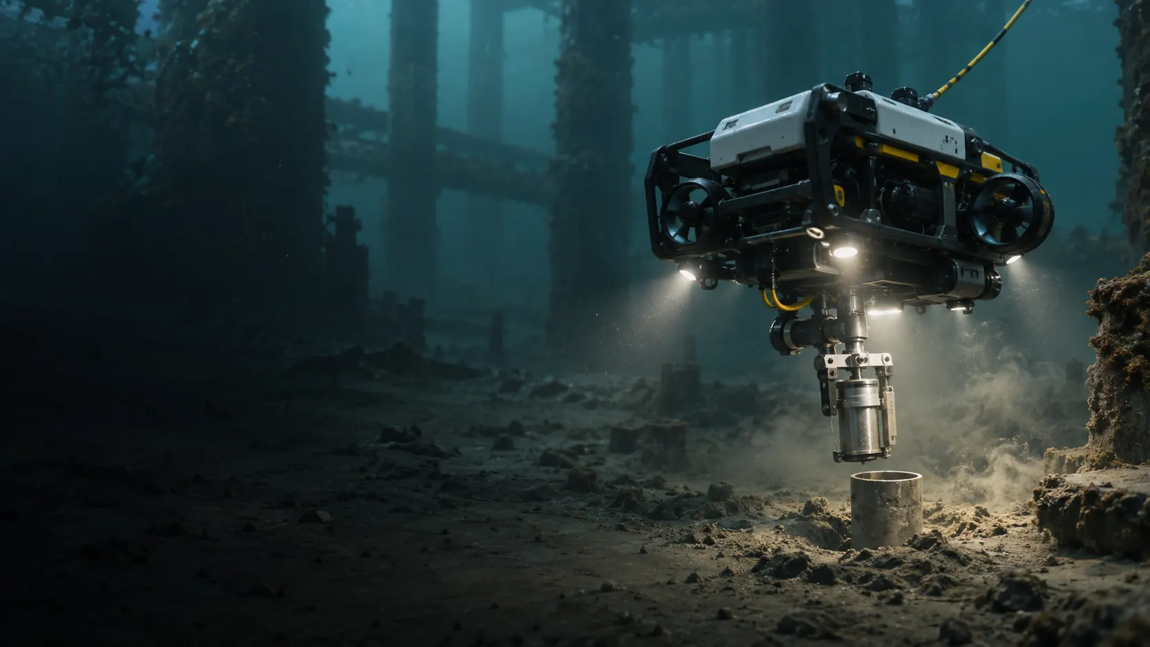 Concept underwater survey robot sampling sediment beneath an industrial waterway.