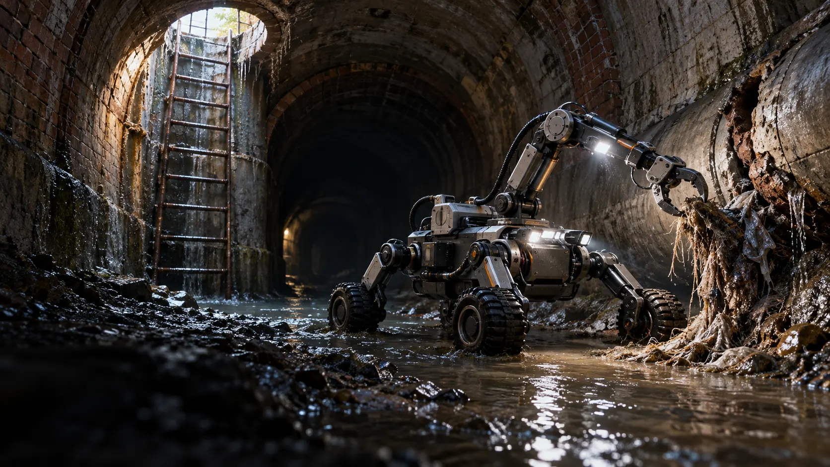 Concept maintenance robot clearing debris in a human-sized sewer beside an access ladder.
