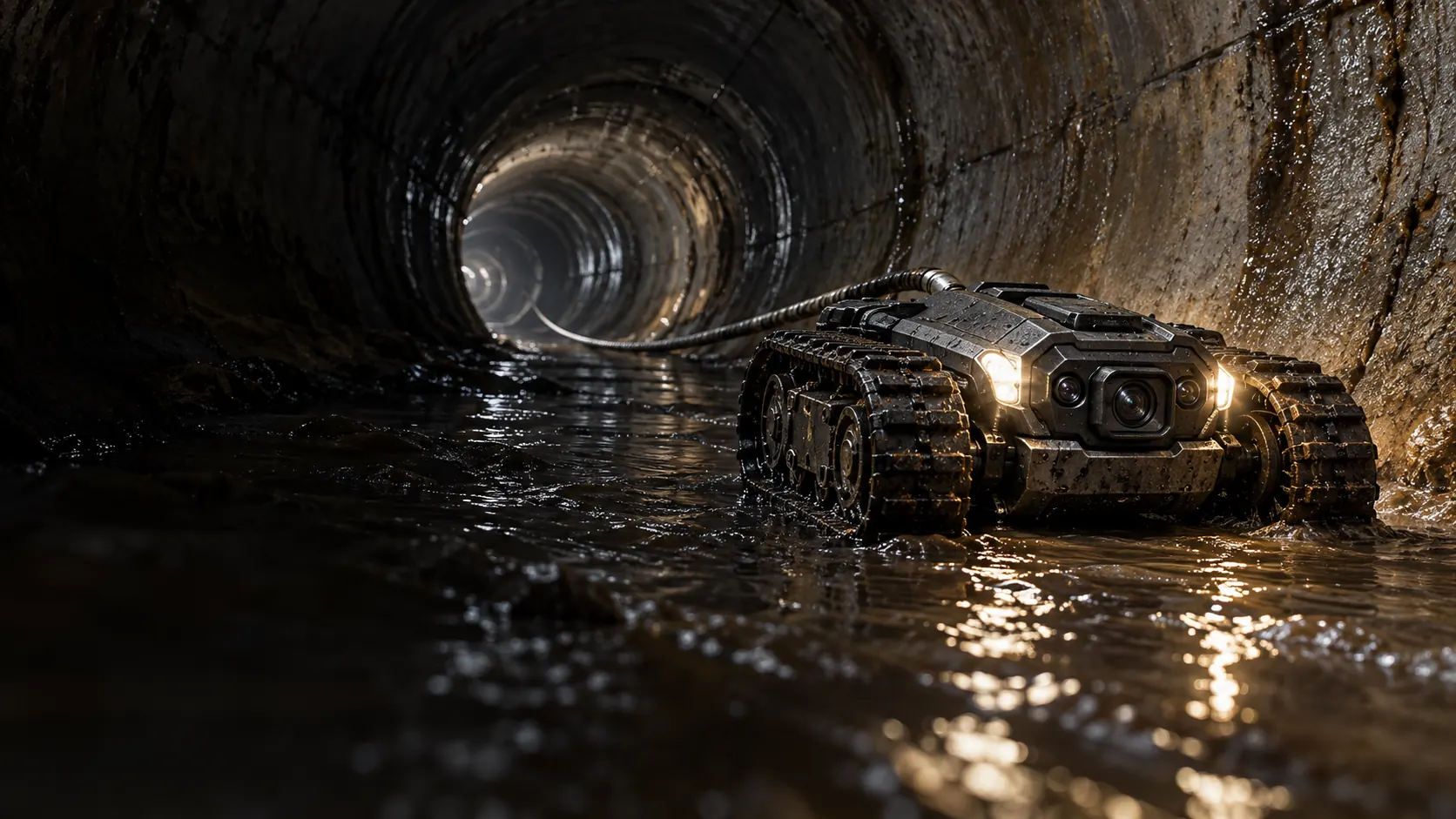 Concept tracked inspection robot inside a wet sewage pipeline.