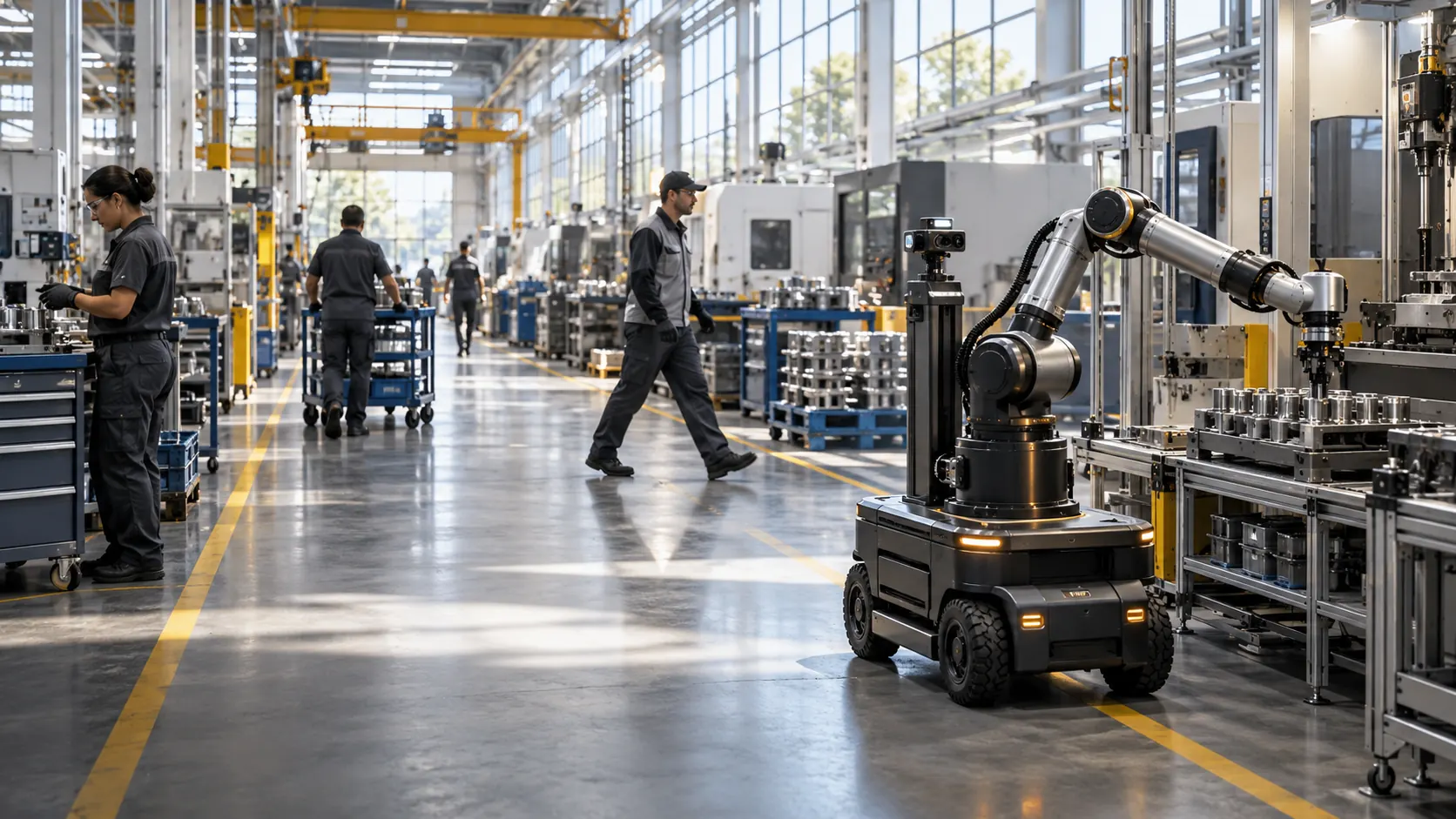 An autonomous mobile robot handles components at a factory workstation while workers independently cross the aisle and attend their own tasks.