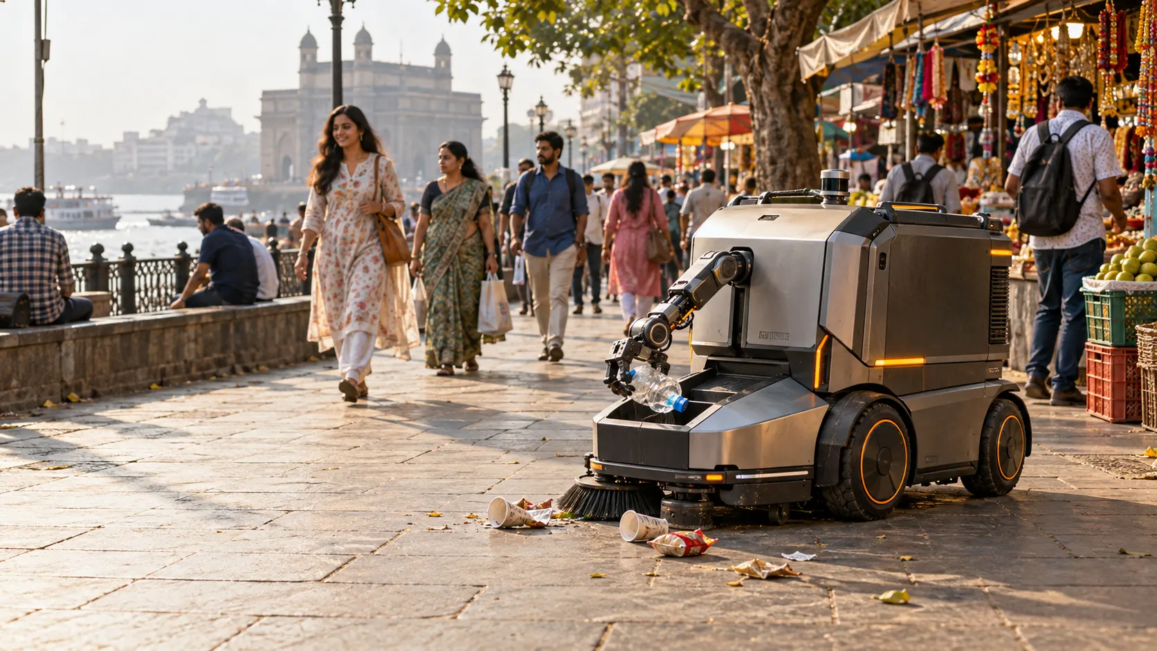 An autonomous robot picks up discarded bottles and litter on an Indian promenade while shoppers walk nearby.