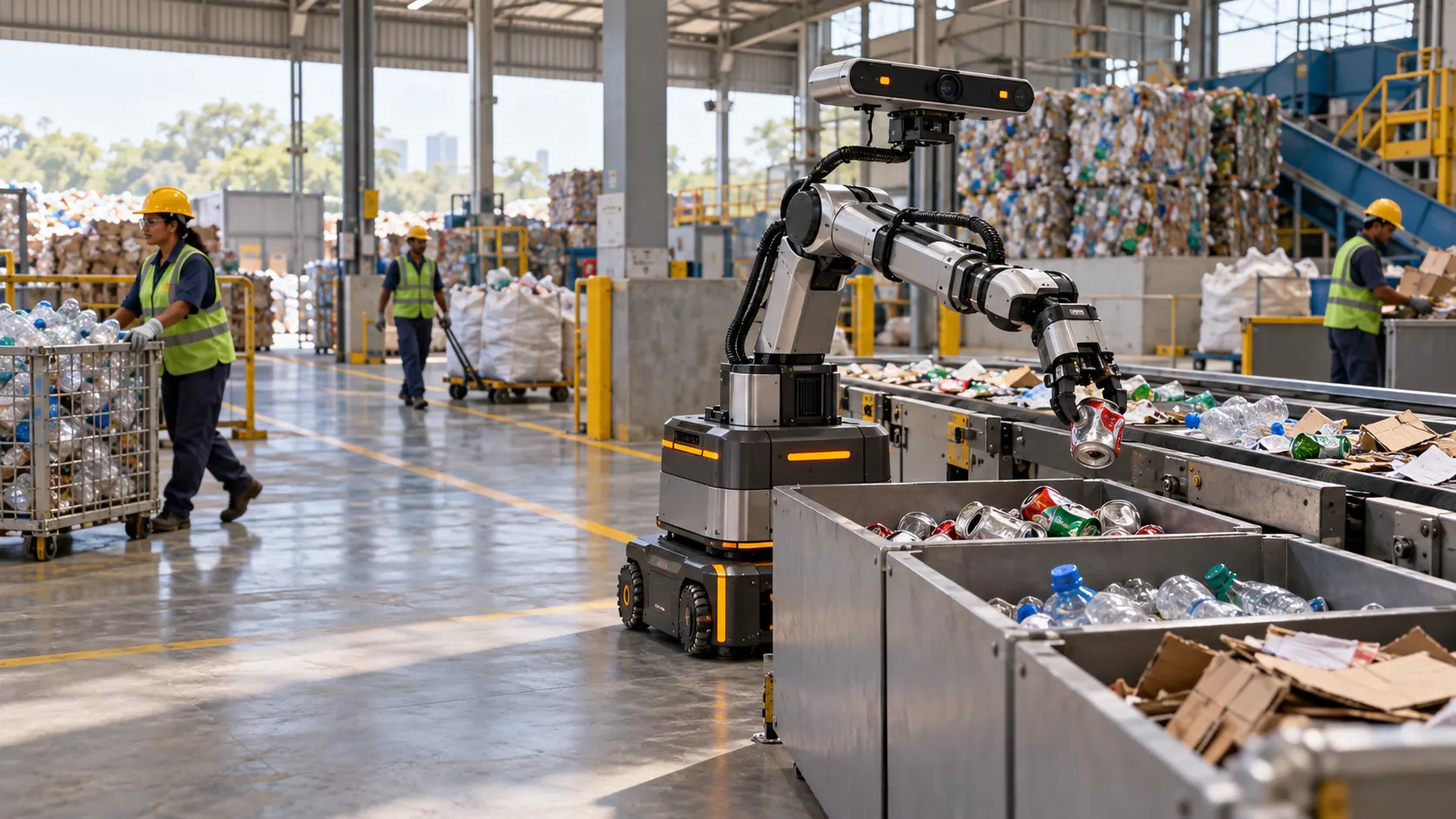 An autonomous robotic arm separates dry recyclables at a materials-recovery facility while workers attend separate stations.