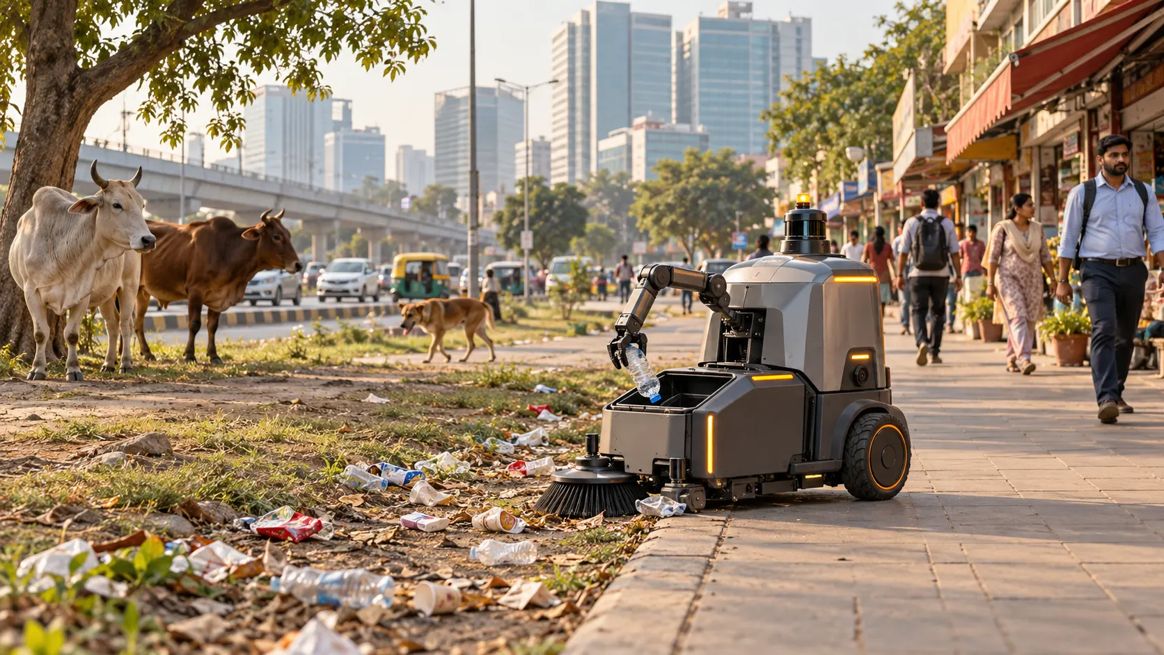 An autonomous robot collects roadside litter while cattle and a dog remain safely apart.