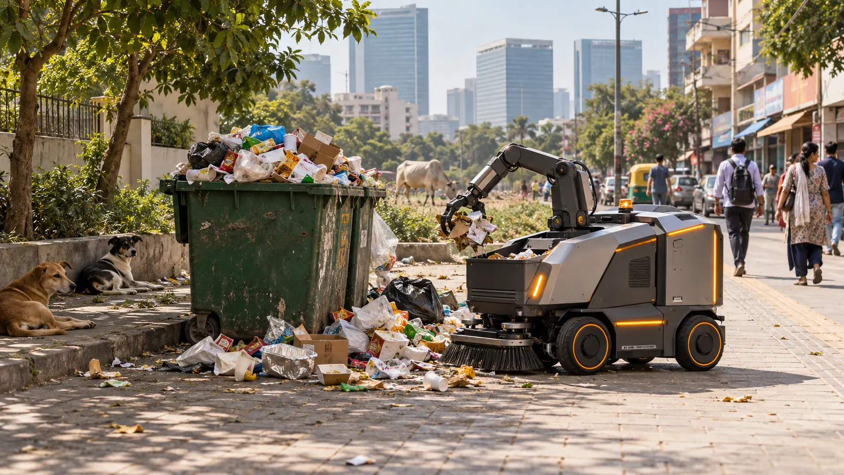 A robot collects spilled packaging at a neighborhood waste point while dogs rest and a cow stands at a distance.