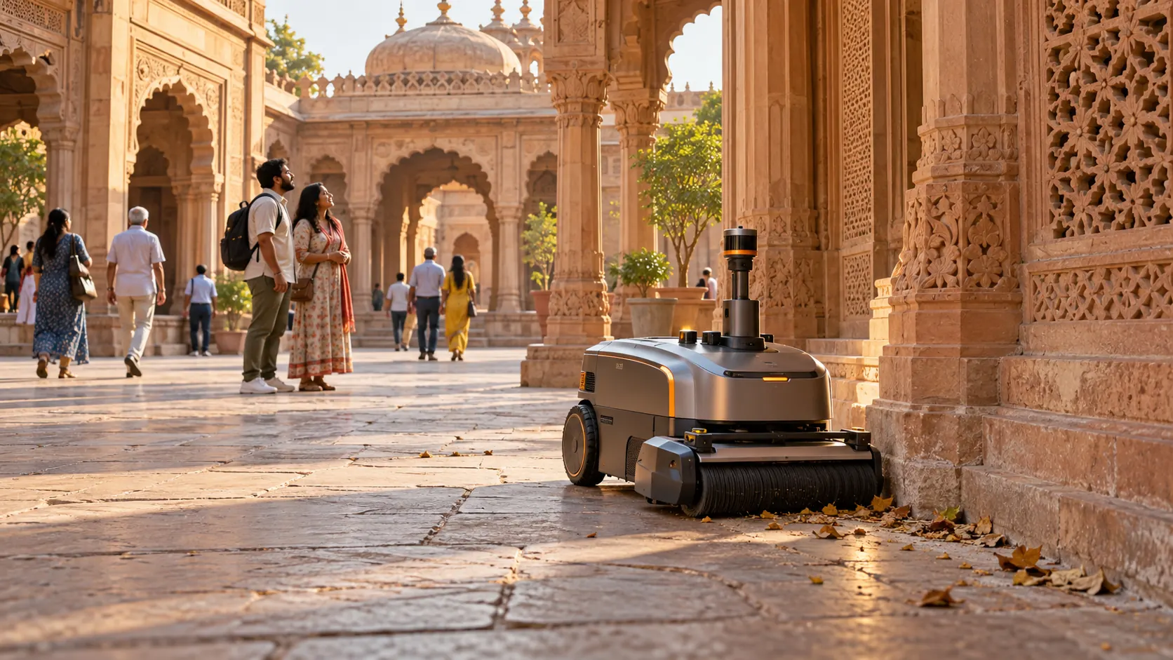 An autonomous robot collects dust and leaves from the paving of an Indian sandstone courtyard as visitors explore the architecture.