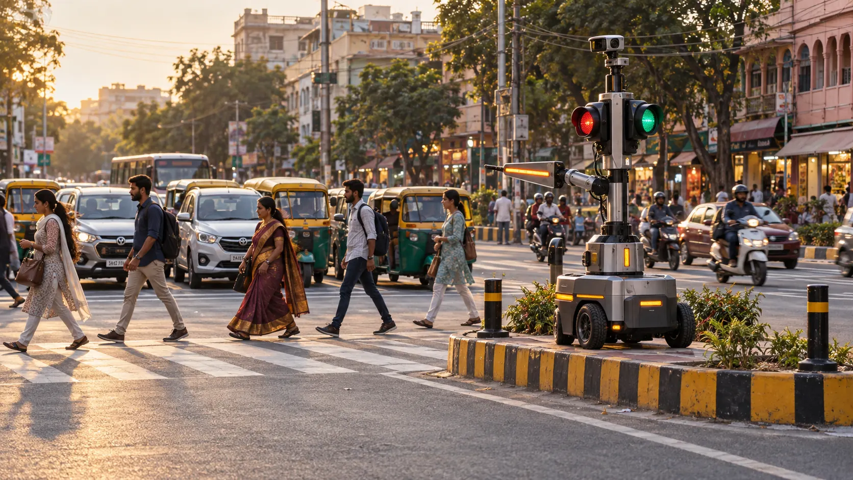 An autonomous traffic-management robot on an Indian traffic island coordinates a busy junction as pedestrians cross and vehicles wait.