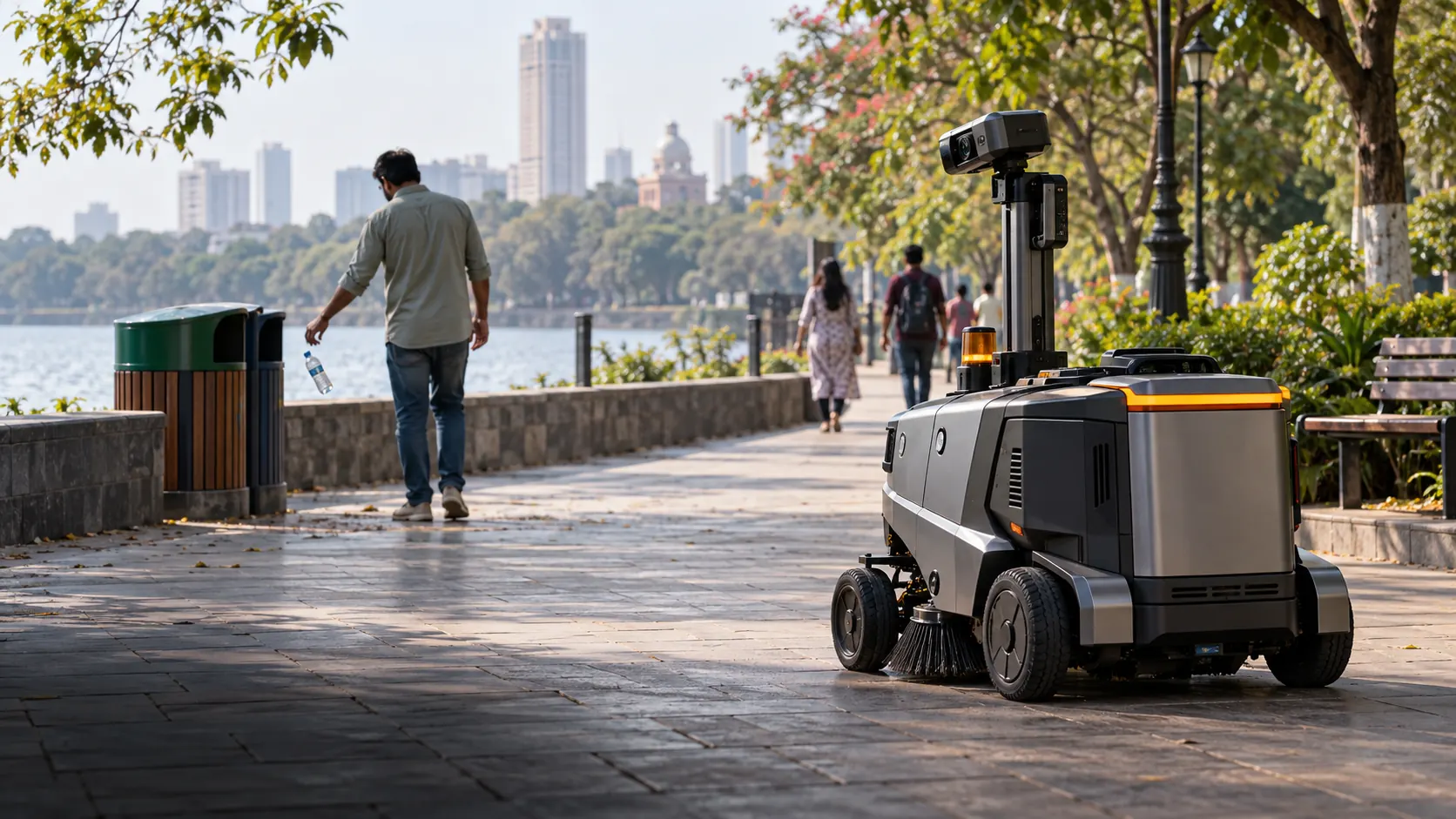 A robot camera is oriented toward a fictional littering incident, with the person seen from behind beside a public waste bin.