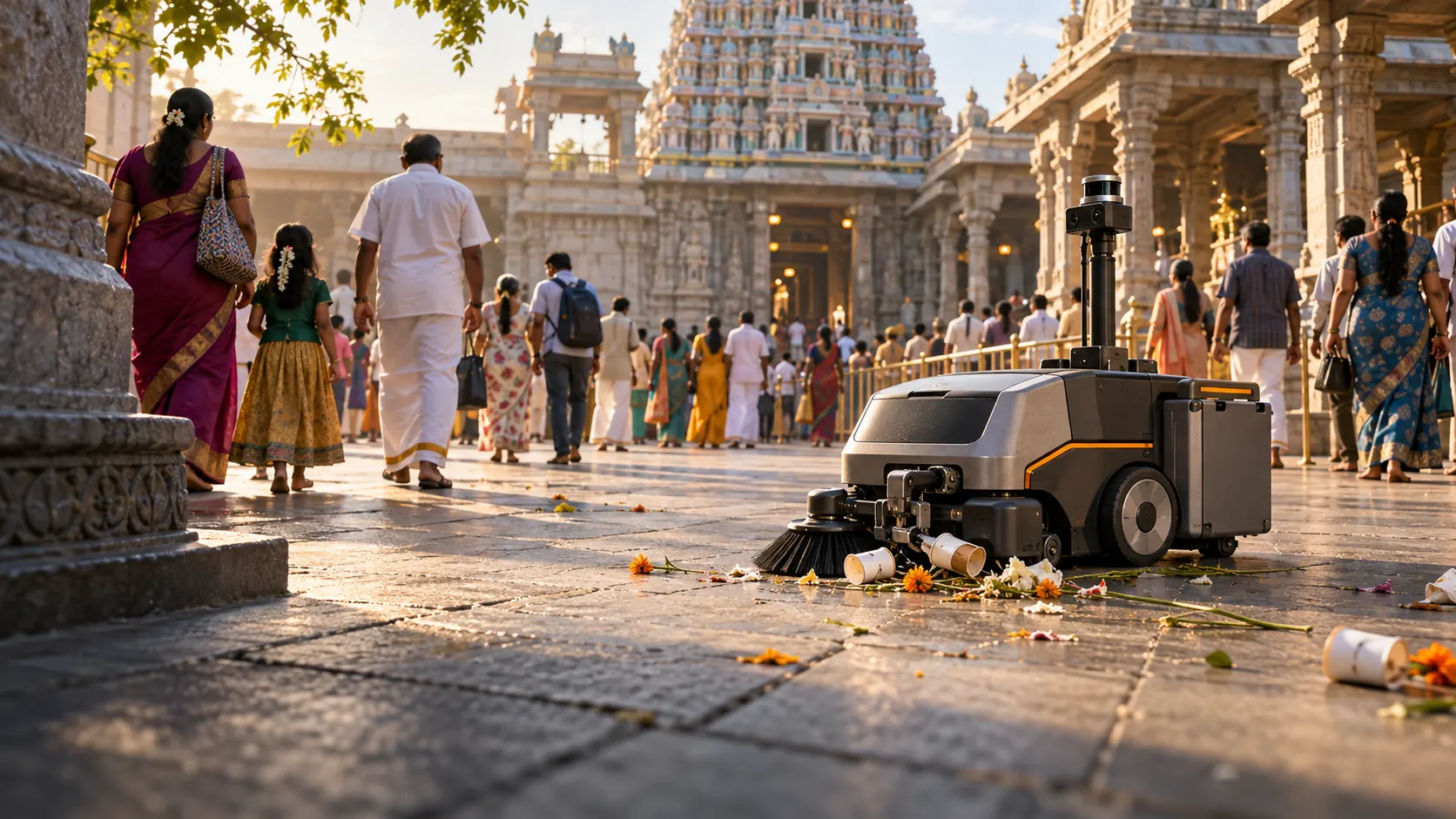 An autonomous robot clears ordinary litter from the outer visitor courtyard of an Indian religious site.