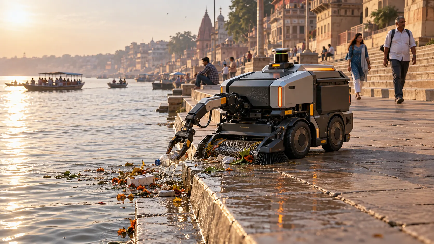 An autonomous cleanup robot collects discarded bottles at an Indian riverbank while people use the ghat.