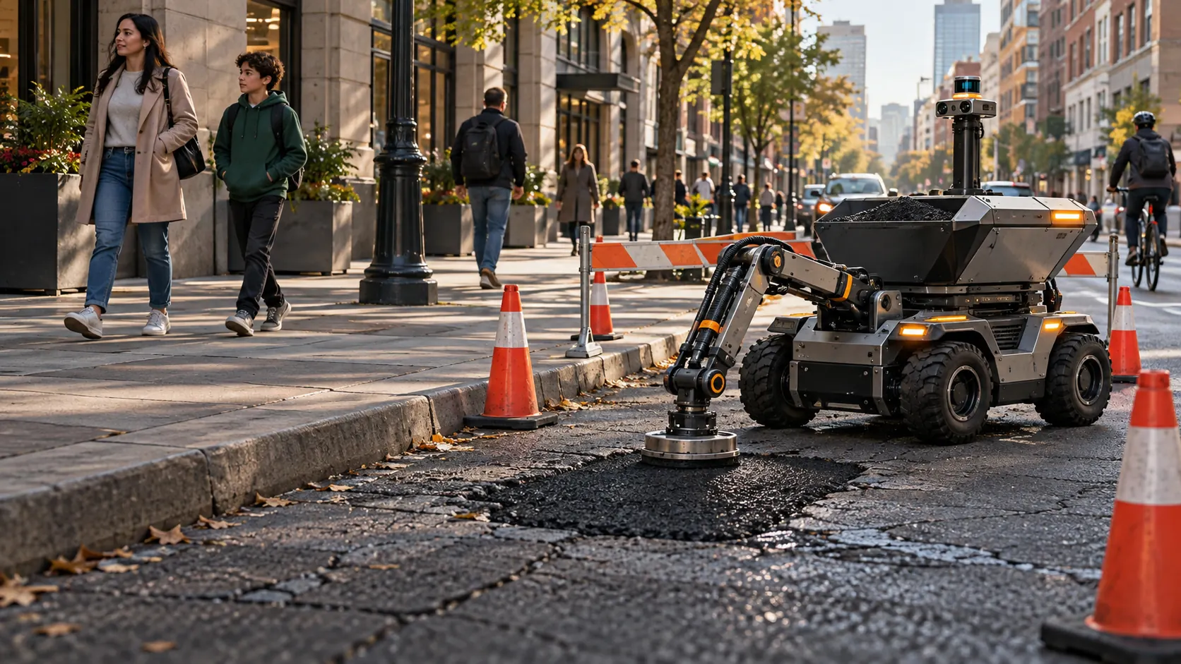 An autonomous road-repair robot works on a pothole while people pass on the adjacent sidewalk, with no operator directing it.