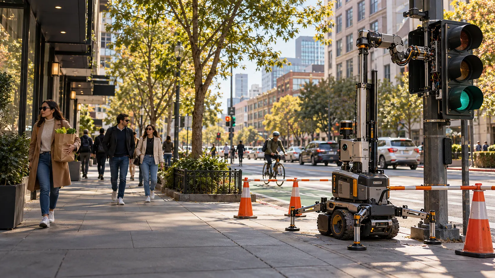An autonomous robot maintains a traffic signal while pedestrians and a cyclist continue along nearby open routes.