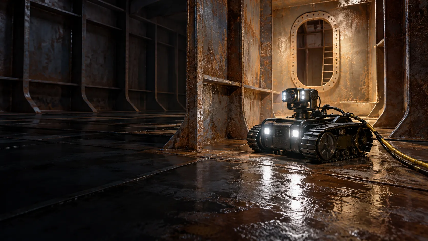 Concept inspection crawler inside an empty ship ballast tank.
