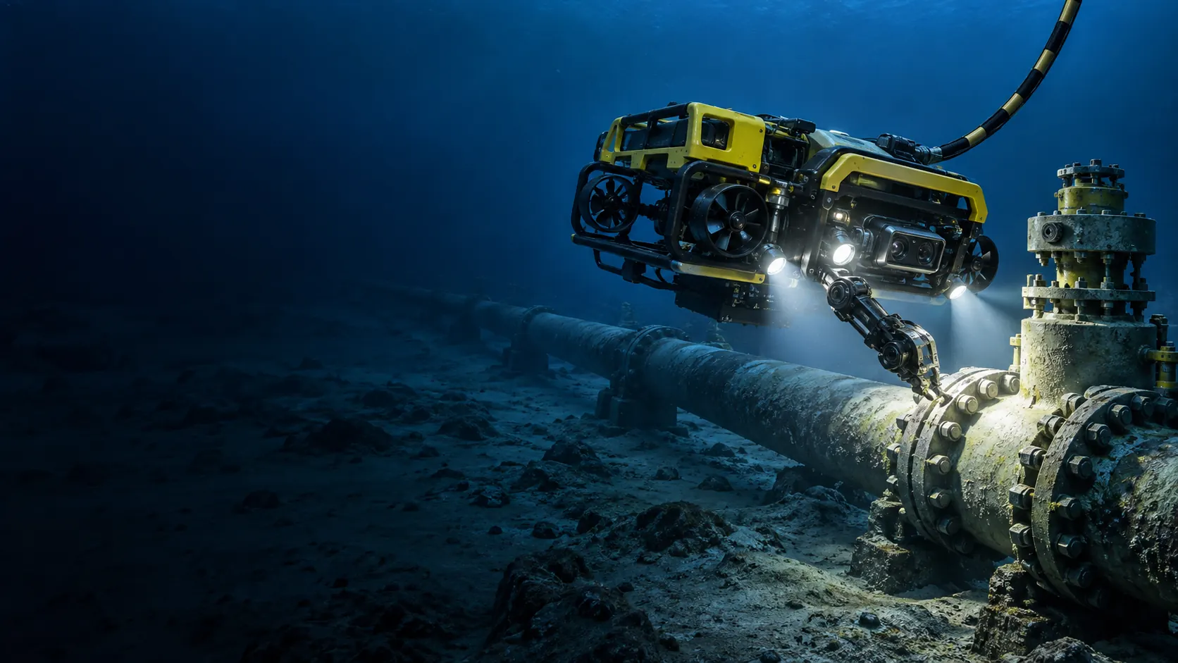Concept underwater robot inspecting an offshore pipeline and valve assembly.