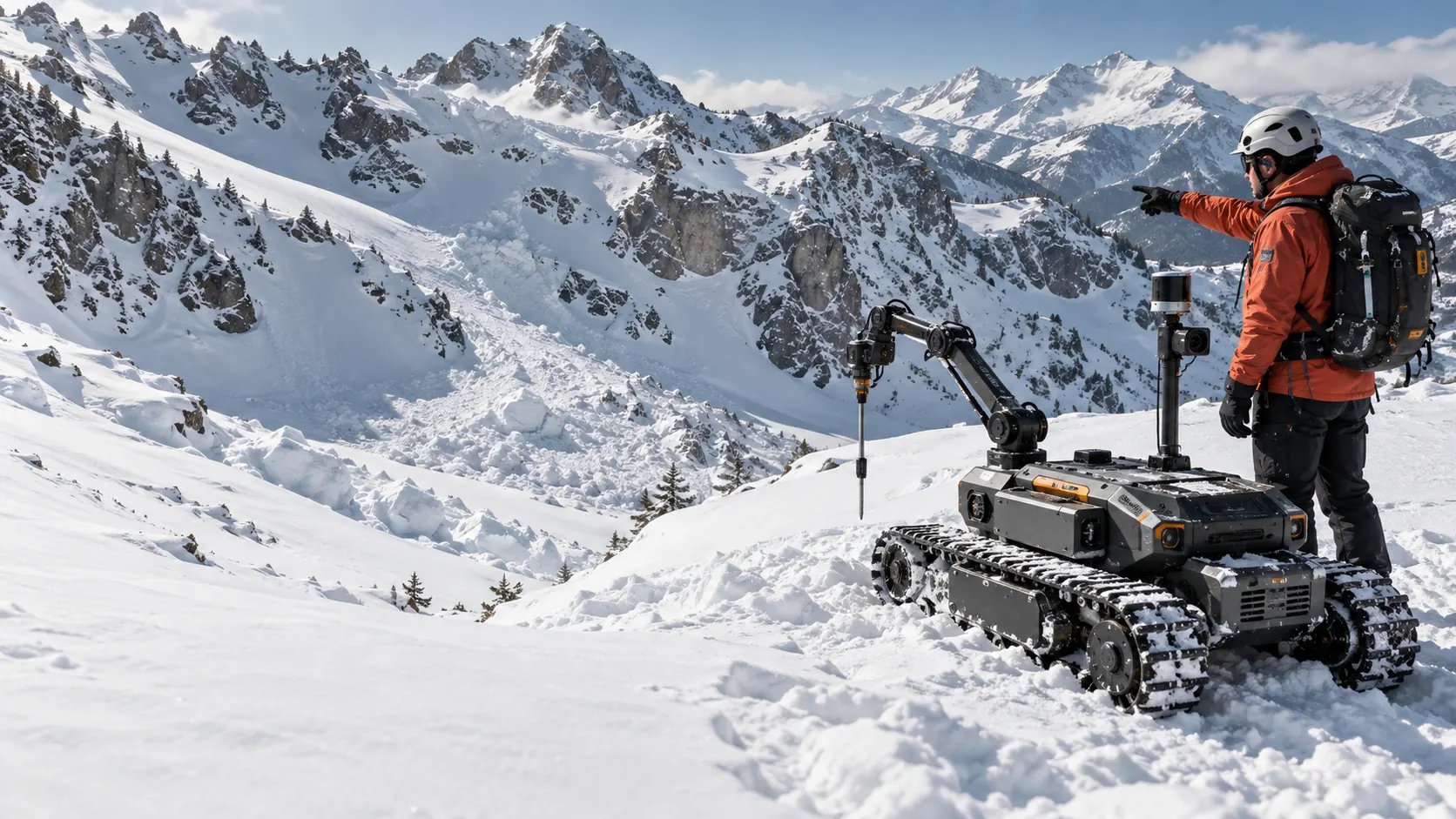 A mountain-rescue expert indicates a search area beside a tracked snow rover.