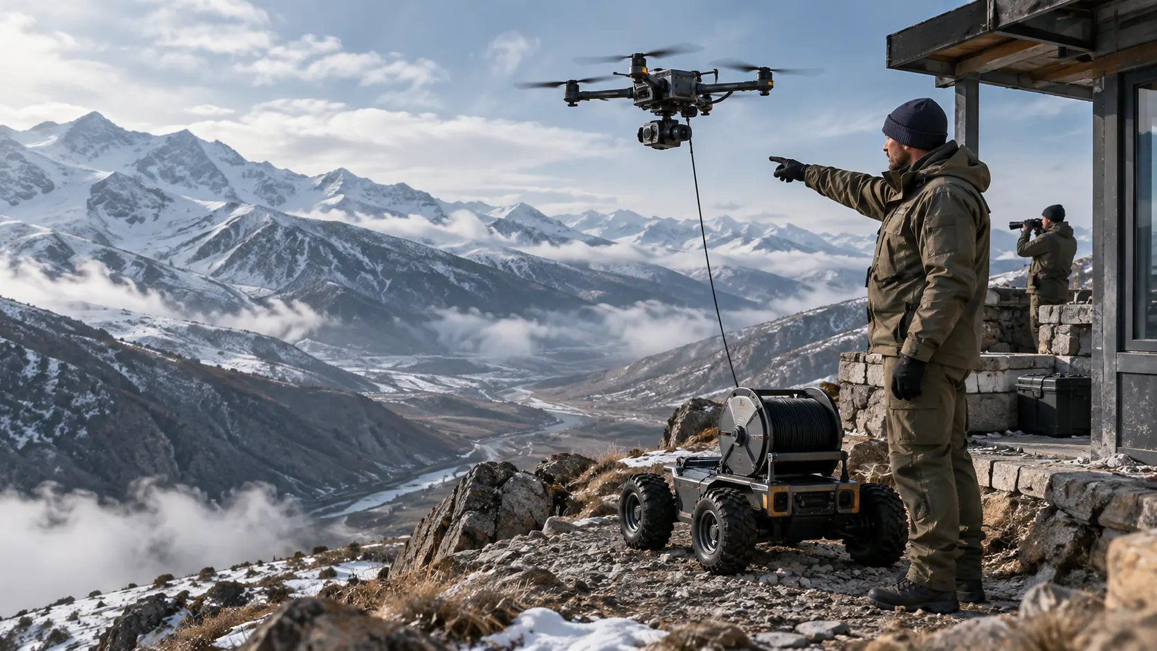 An unarmed field observer points across a mountain pass beside a tethered observation drone.