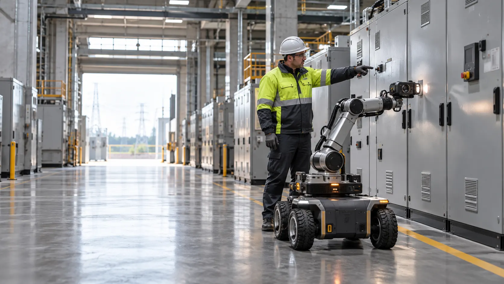 An engineer points to a closed electrical panel beside a wheeled inspection manipulator.