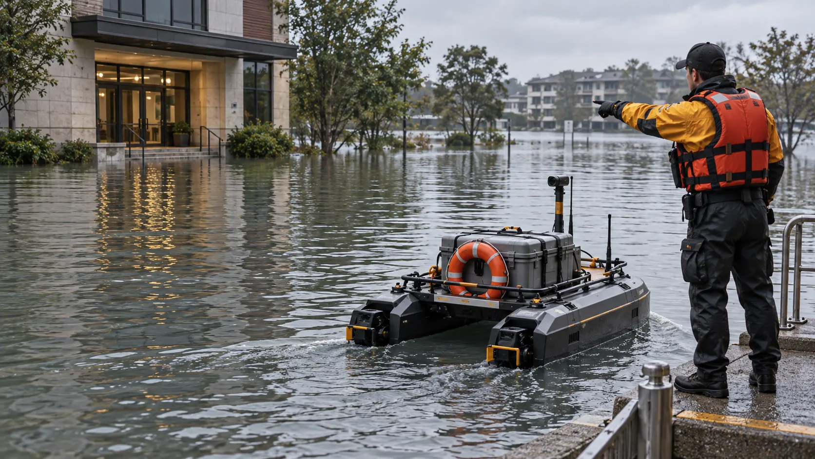 A responder points toward a building across floodwater beside an unmanned supply craft.