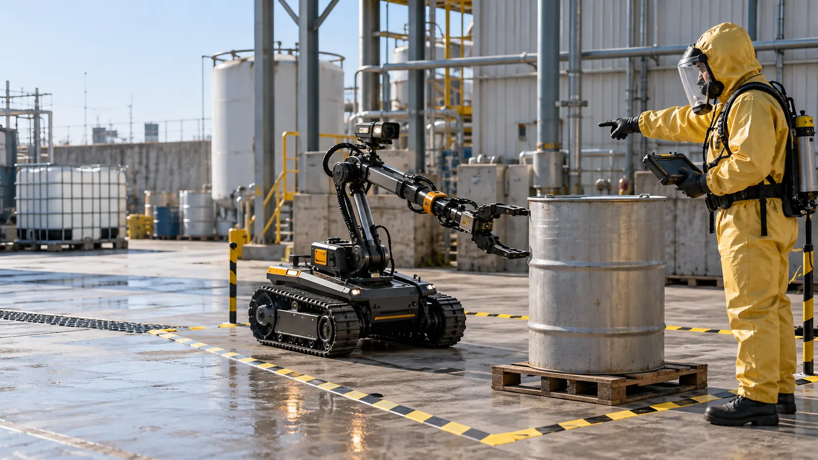 A protected specialist directs a tracked manipulator toward an industrial drum.