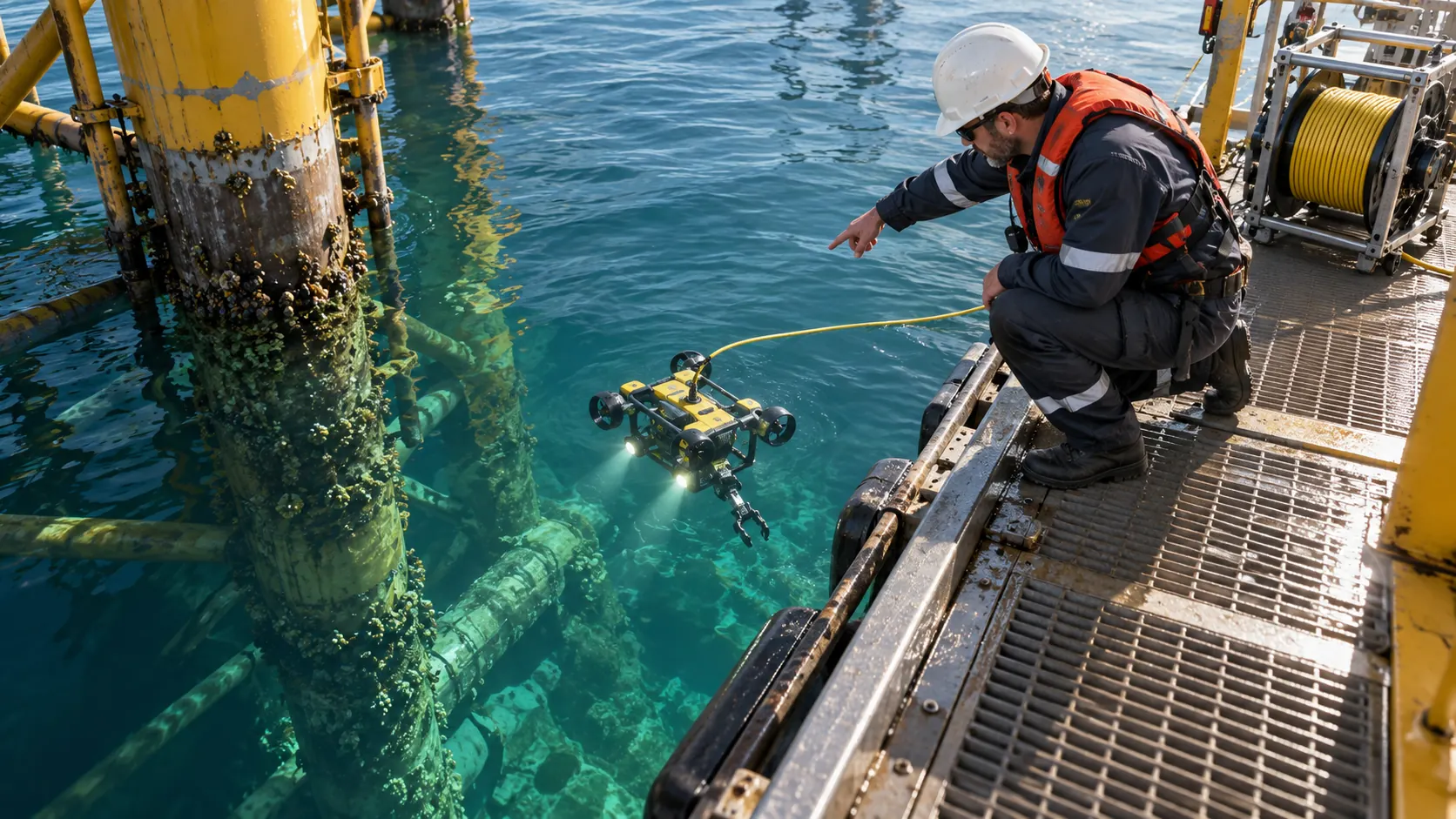 A marine engineer directs a tethered underwater robot toward a submerged support.