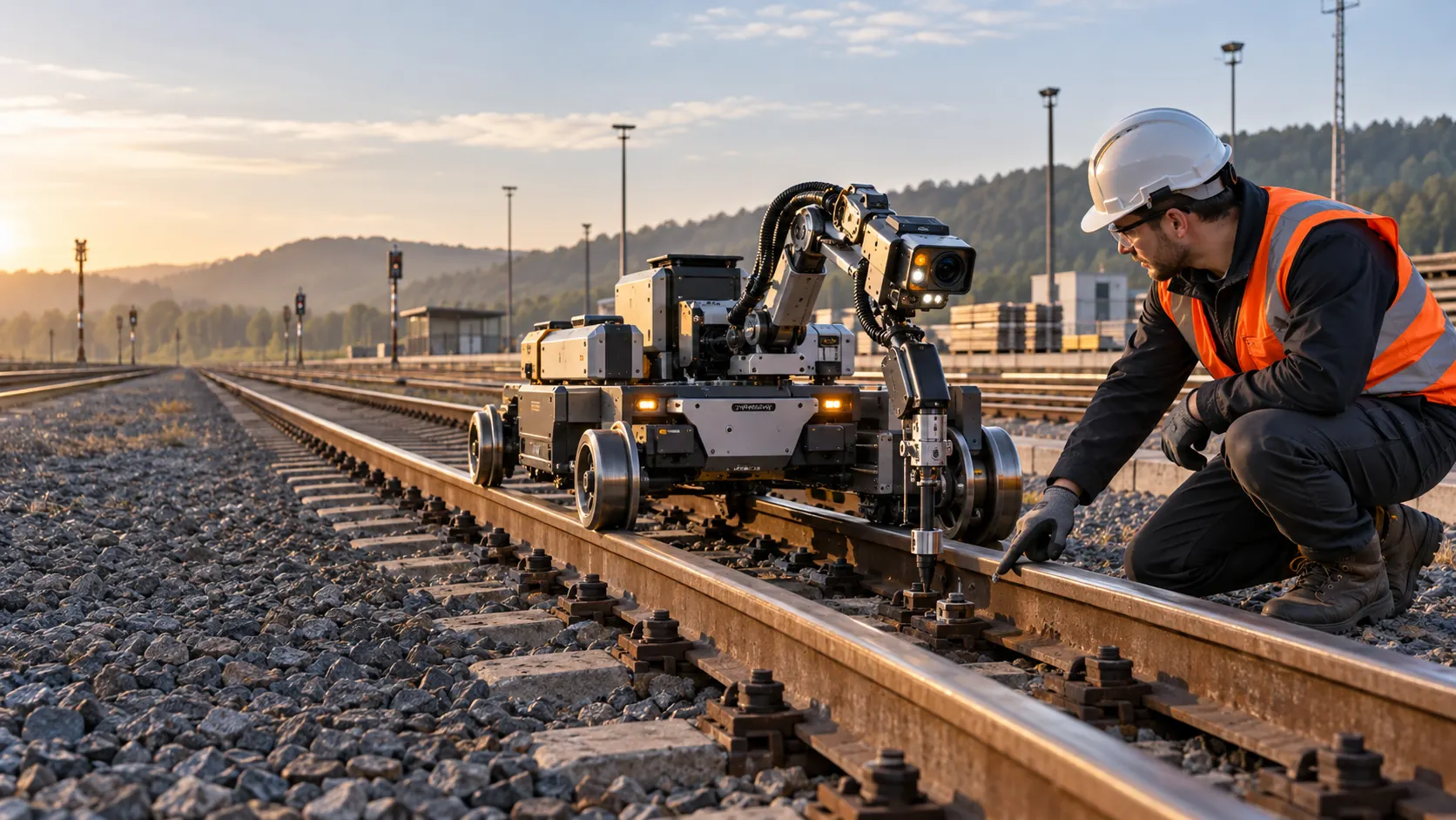A rail engineer indicates a fastening to a rail-mounted maintenance robot on an isolated track.