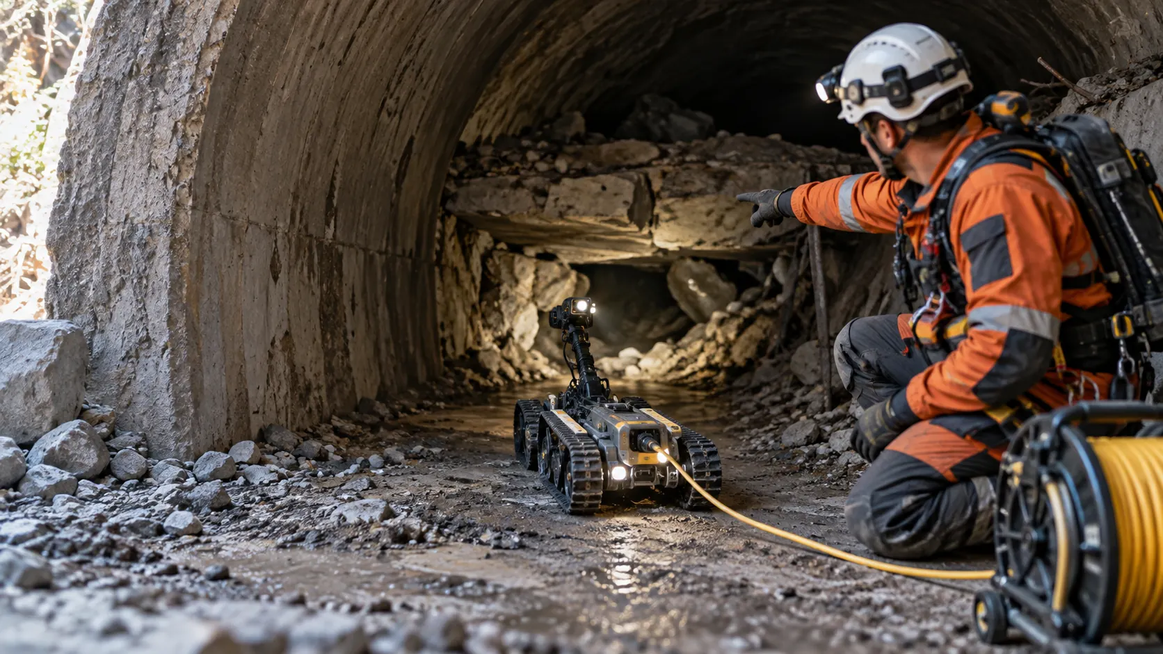 A rescue specialist directs a slim tracked crawler into a tunnel gap.