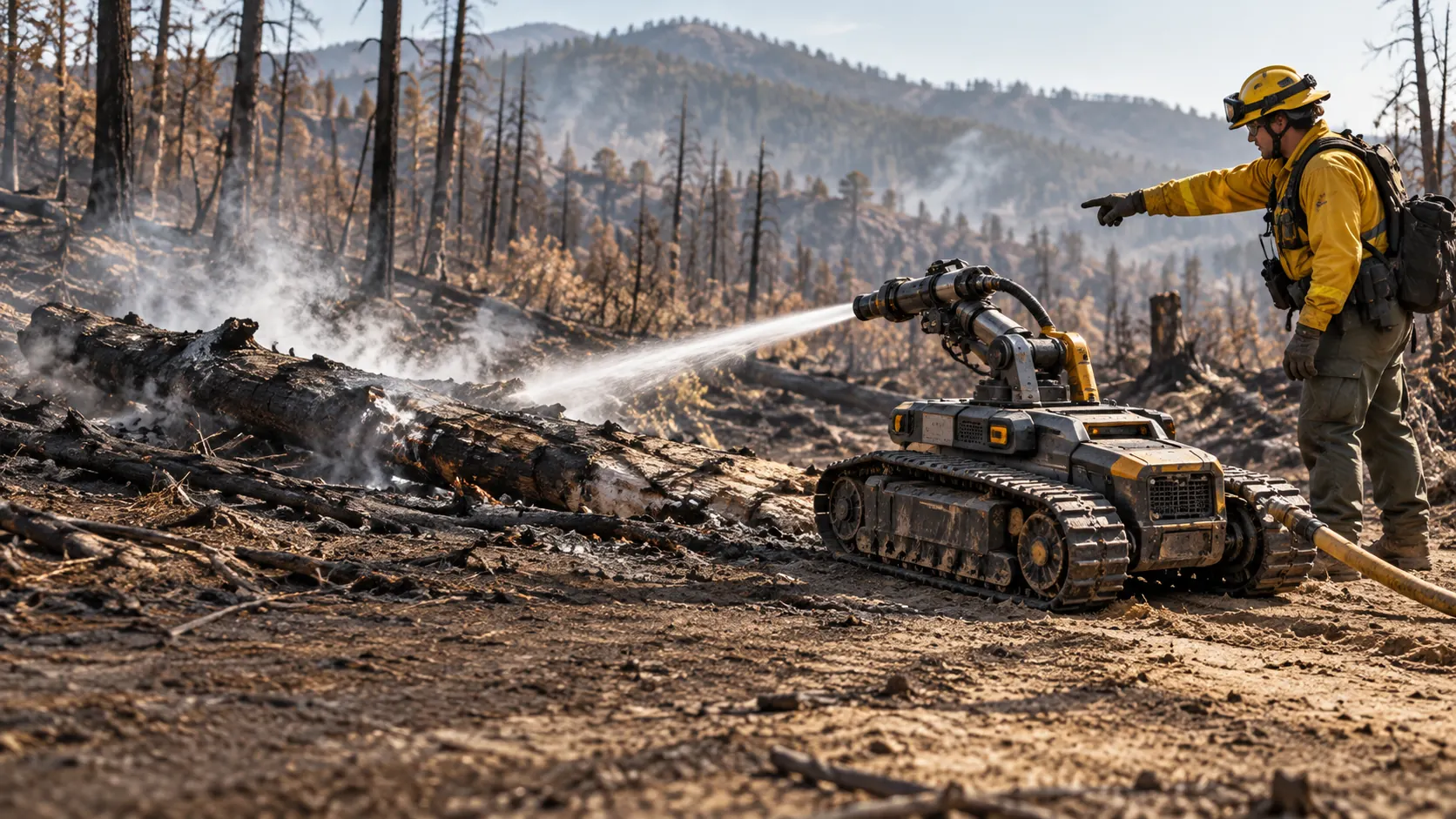 A firefighter indicates a smouldering area to a tracked robot with a water nozzle.