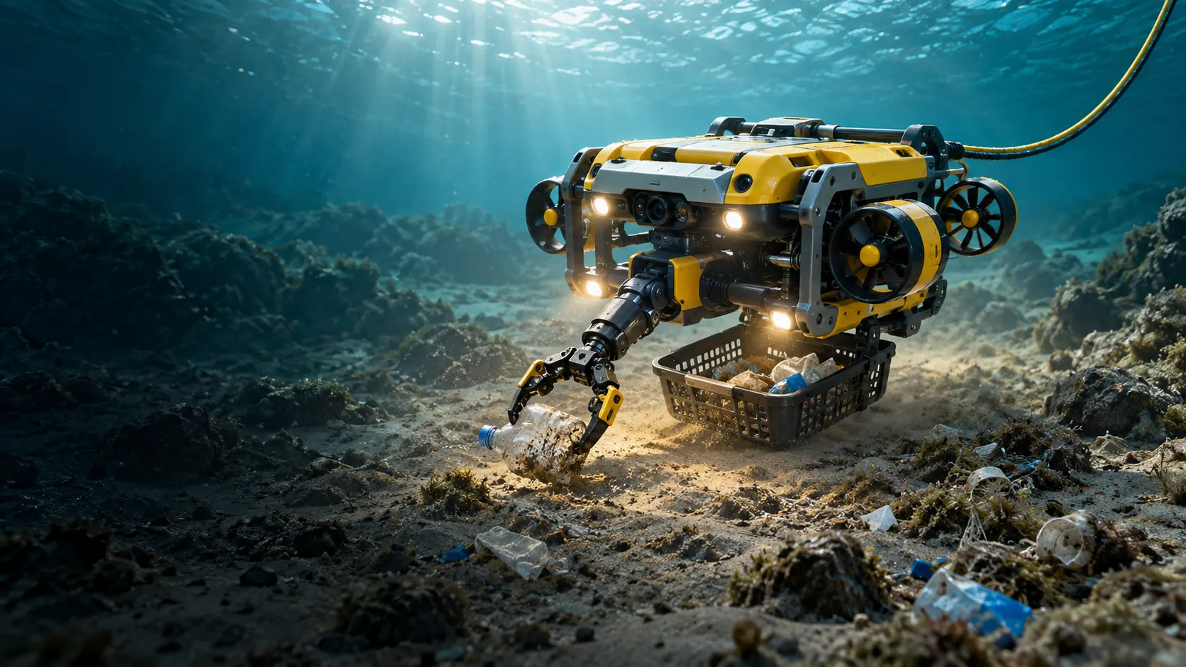 Concept underwater robot collecting discarded plastic from a seabed.